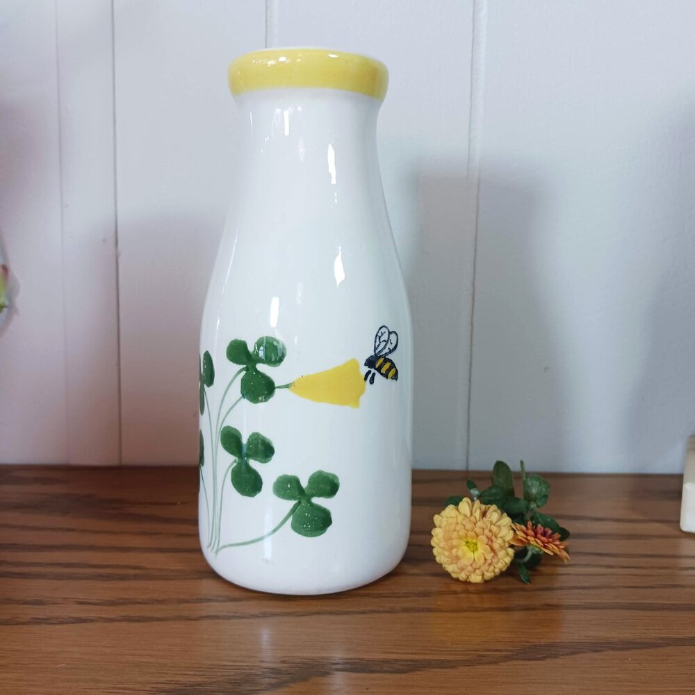 Cute Bee and Clover Hand Painted Milk Bottle Vase 7" High